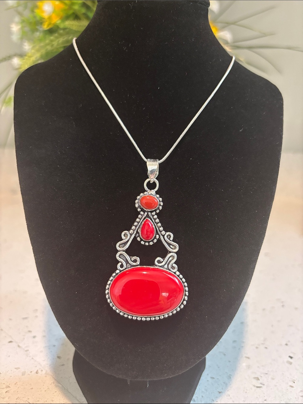 Sterling Silver Coral Gemstone Pendant Necklace